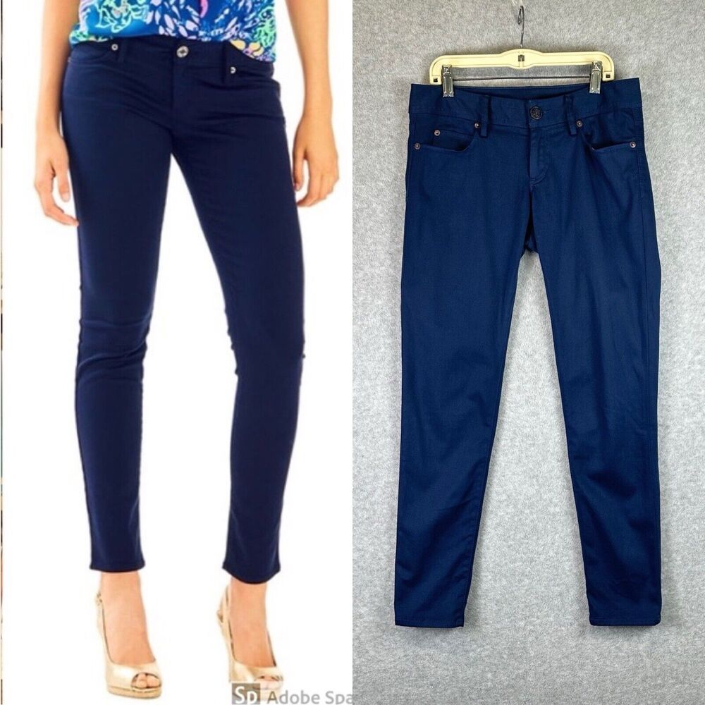 Lilly Pulitzer Worth Skinny Navy Blue Sateen Pants Jeans Women’s Size 2 Casual